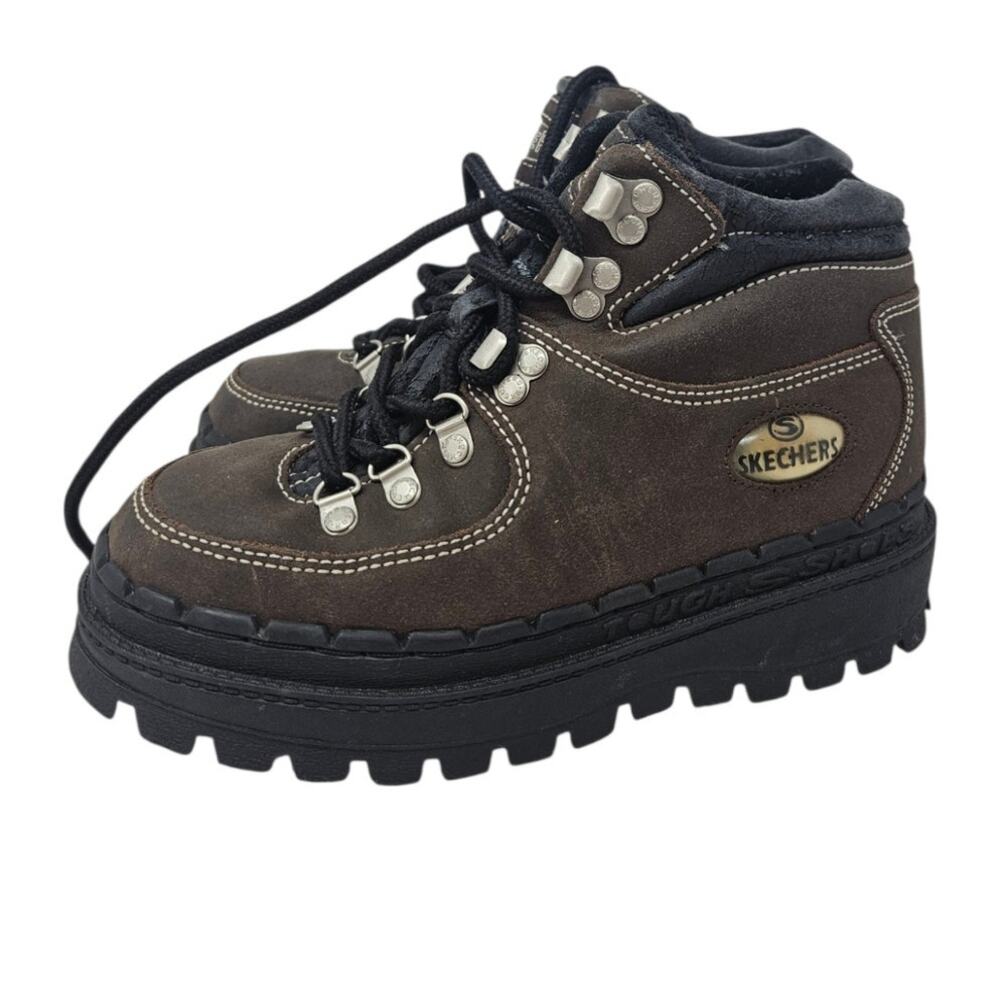 Vintage Y2K Skechers 6.5 Jammers Boot Brown Leather Lug Chunky Grunge Lace Up